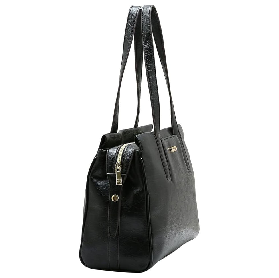 Bolsa feminina preta Chenson Boho Chic vista lateral mostrando formato estruturado e zíper dourado